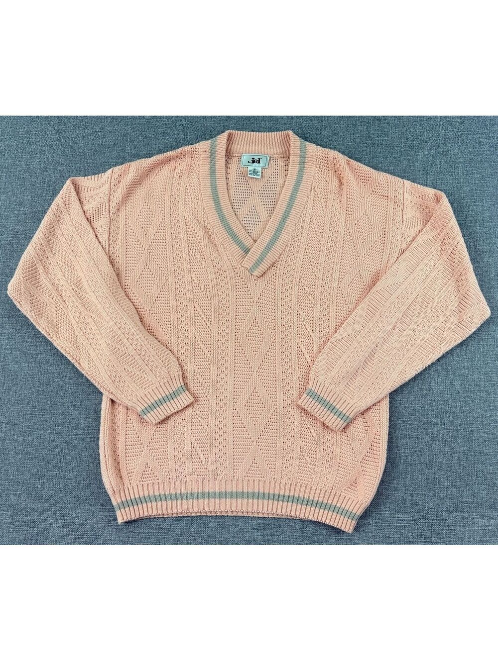 Vintage Jed Pink Open Knit V-Neck Grandpa Sweater Size Small Geometric Stripe